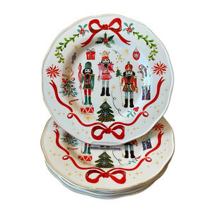 Christmas NUTCRACKER RED BOW Dinner Plates 11" Ceramic Set of 2 Dwell Essentials